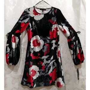 Velvet Floral Poppy Bishop Sleeve Dress S Stretch Red Black Silver Gothic Party